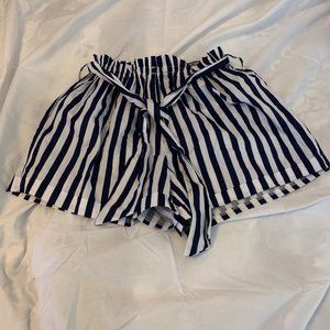 Navy & White Cuffed Paper Bag Waist Striped Cotton Blend Shorts